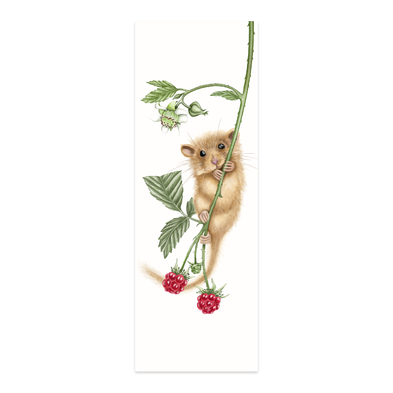 Haselmaus und Himbeere Lesezeichen – Naturmotiv auf Naturpapier, 5 × 15 cm
