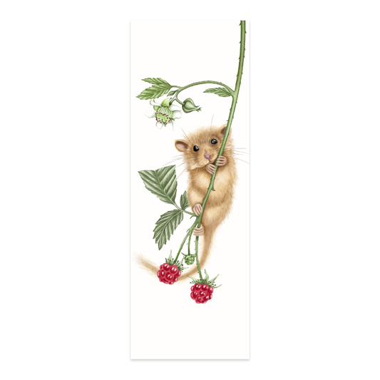 Haselmaus und Himbeere Lesezeichen – Naturmotiv auf Naturpapier, 5 × 15 cm