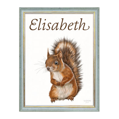 Eichhörnchen Kunstdruck mit Holzrahmen und dem Namen Elisabeth – Blau-Gold