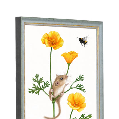 Seitliche Ansicht des Holzrahmens — Haselmaus und Goldmohn