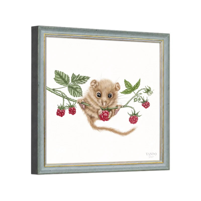 Seitliche Ansicht des Holzrahmens — Haselmaus und Himbeere II