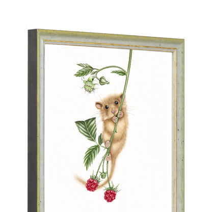 Seitliche Ansicht des Holzrahmens — Haselmaus und Himbeere
