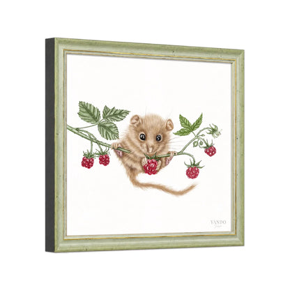Seitliche Ansicht des Holzrahmens — Haselmaus und Himbeere II