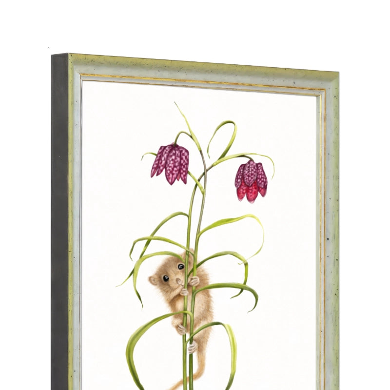 Seitliche Ansicht des Holzrahmens — Haselmaus und Schachbrettblume