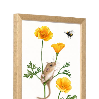 Seitliche Ansicht des Holzrahmens — Haselmaus und Goldmohn
