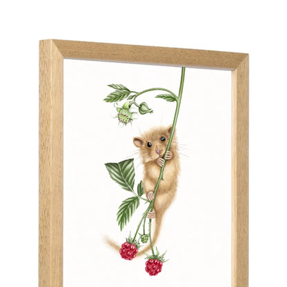 Seitliche Ansicht des Holzrahmens — Haselmaus und Himbeere