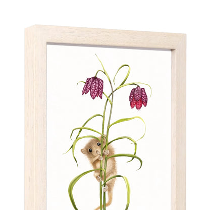 Seitliche Ansicht des Holzrahmens — Haselmaus und Schachbrettblume