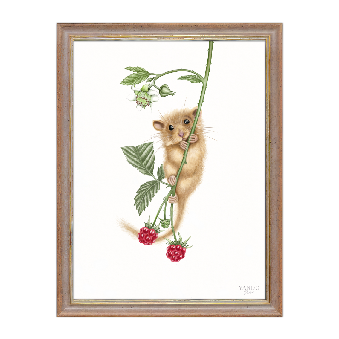 Kunstdruck Haselmaus und Himbeere mit Holzrahmen – Nussbraun-Gold