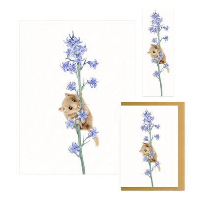 Haselmaus und Hasenglöckchen Geschenk-Sammlung – Kunstdruck, Grußkarte und Lesezeichen