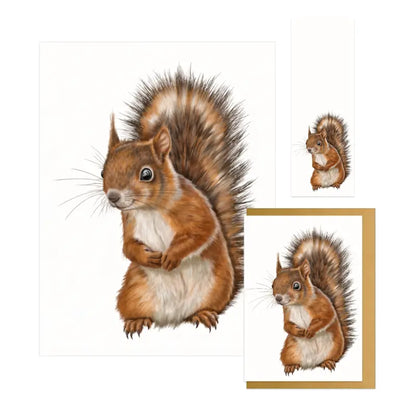 Eichhörnchen Geschenkset – Kunstdruck, Grußkarte und Lesezeichen, handgezeichnet