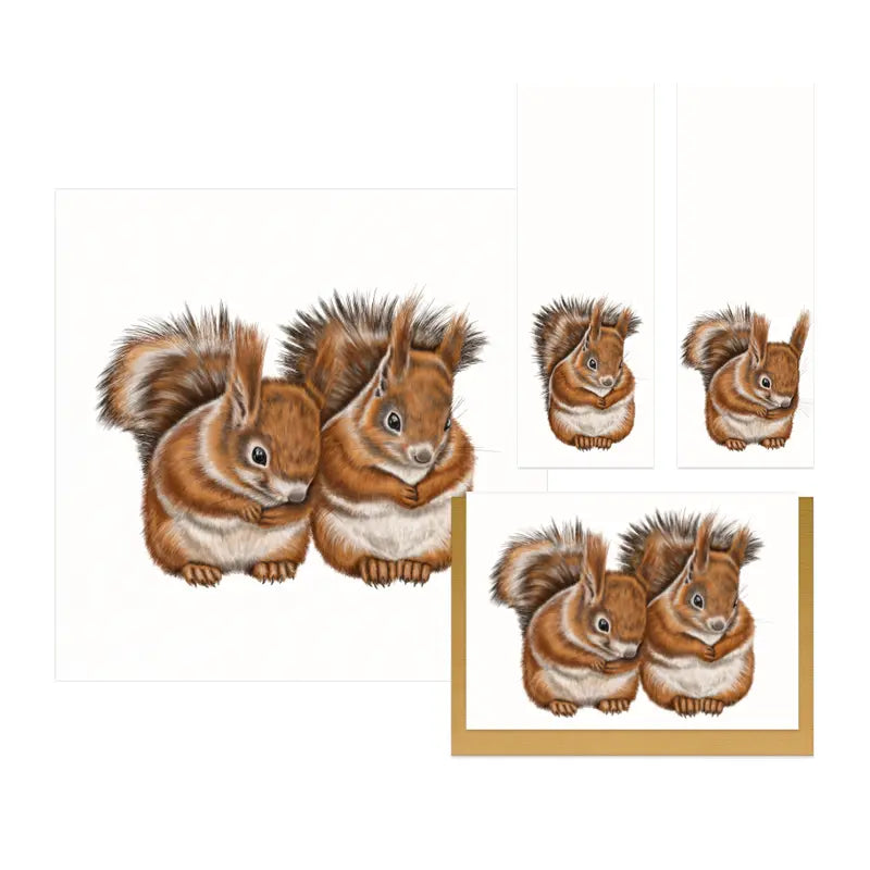 Eichhörnchen Paar Geschenkset – Kunstdruck, Grußkarte und 2 Lesezeichen, handgezeichnet