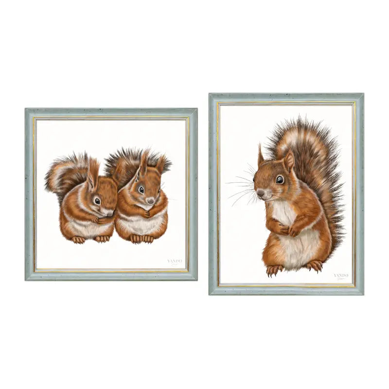Eichhörnchen – Wandbild-Sammlung mit Holzrahmen in Blau-Gold, zwei Motive