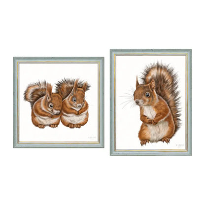 Eichhörnchen – Wandbild-Sammlung mit Holzrahmen in Blau-Gold, zwei Motive