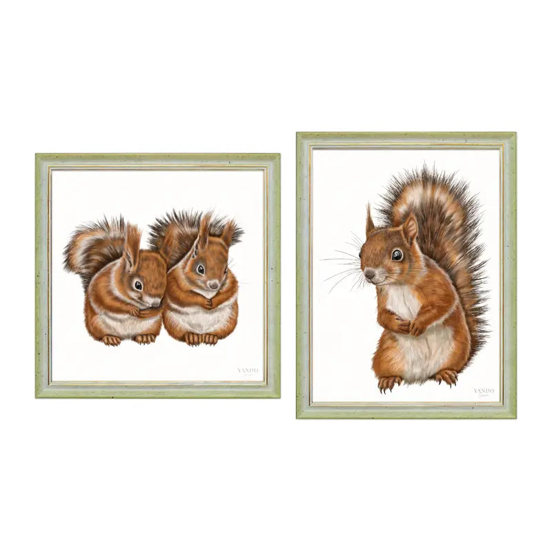 Eichhörnchen – Wandbild-Sammlung mit Holzrahmen in Grün-Gold, zwei Motive