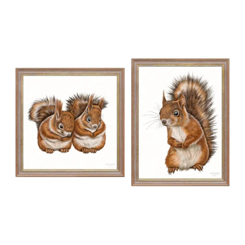 Eichhörnchen – Wandbild-Sammlung mit Holzrahmen in Nussbraun-Gold, zwei Motive