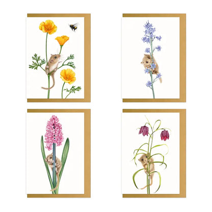 Grußkarten-Set Haselmaus-Blumen – 4 A6-Klappkarten mit goldenem Umschlag
