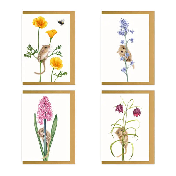 Grußkarten-Set Haselmaus-Blumen – 4 A6-Klappkarten mit goldenem Umschlag