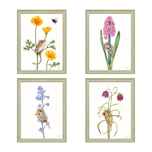 Haselmäuse und Blumen - Wandbild-Sammlung mit Holzrahmen Grün-Gold