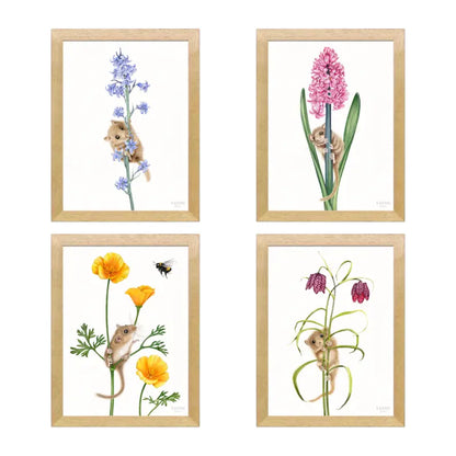 Haselmäuse und Blumen – Wandbild-Sammlung mit Holzrahmen in Naturholz Dunkel, vier Motive