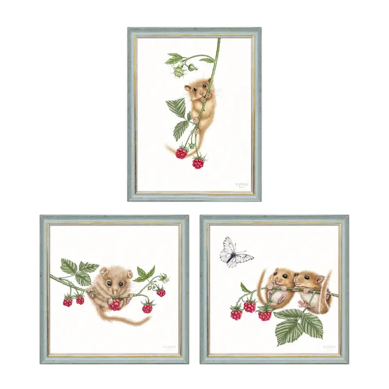 Haselmäuse und Himbeeren – Wandbild-Sammlung mit Holzrahmen in Blau-Gold, drei Motive