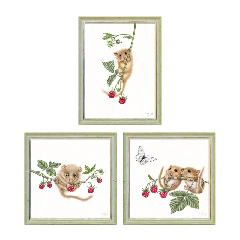 Haselmäuse und Himbeeren – Wandbild-Sammlung mit Holzrahmen in Grün-Gold, drei Motive