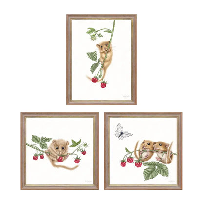 Haselmäuse und Himbeeren – Wandbild-Sammlung mit Holzrahmen in Nussbraun-Gold, drei Motive