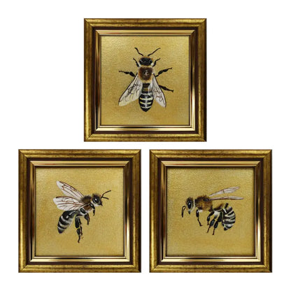 Sammlung drei handgemalter Originale – Drei Honigbienen Motive, Acryl auf Leinwandkarton im goldgebürsteten Rahmen