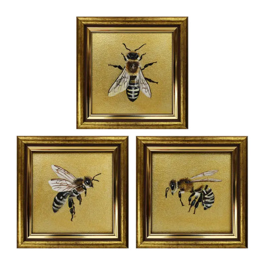 Sammlung drei handgemalter Originale – Drei Honigbienen Motive, Acryl auf Leinwandkarton im goldgebürsteten Rahmen