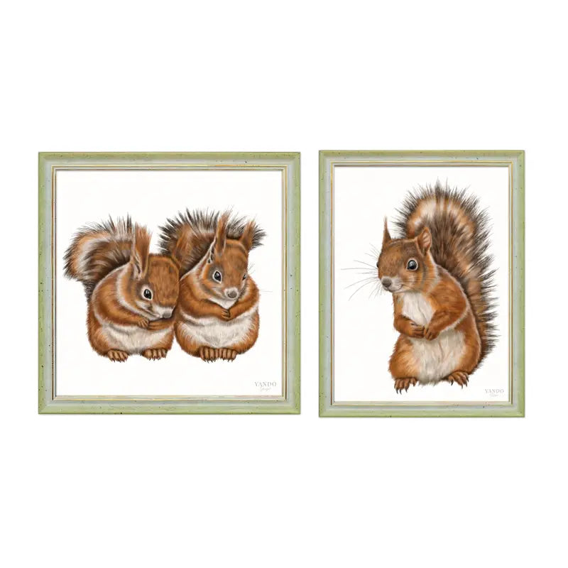 Eichhörnchen Wandbild-Set – zwei gerahmte Kunstdrucke, Einzel- und Paar-Motiv im Holzrahmen