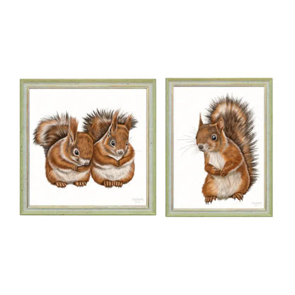 Eichhörnchen Wandbild-Set – zwei gerahmte Kunstdrucke, Einzel- und Paar-Motiv im Holzrahmen