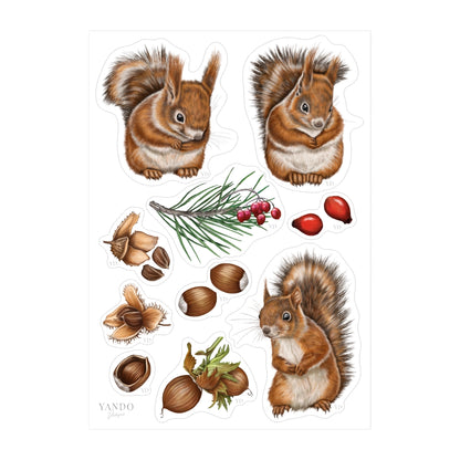 Stickerbogen Eichhörnchen im Format A5 mit zehn Kiss-Cut Stickern: Eichhörnchen, Haselnüsse, Bucheckern, Hagebutten und Schneeball-Zweig