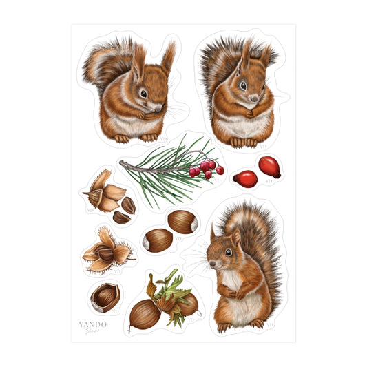 Stickerbogen Eichhörnchen im Format A5 mit zehn Kiss-Cut Stickern: Eichhörnchen, Haselnüsse, Bucheckern, Hagebutten und Schneeball-Zweig