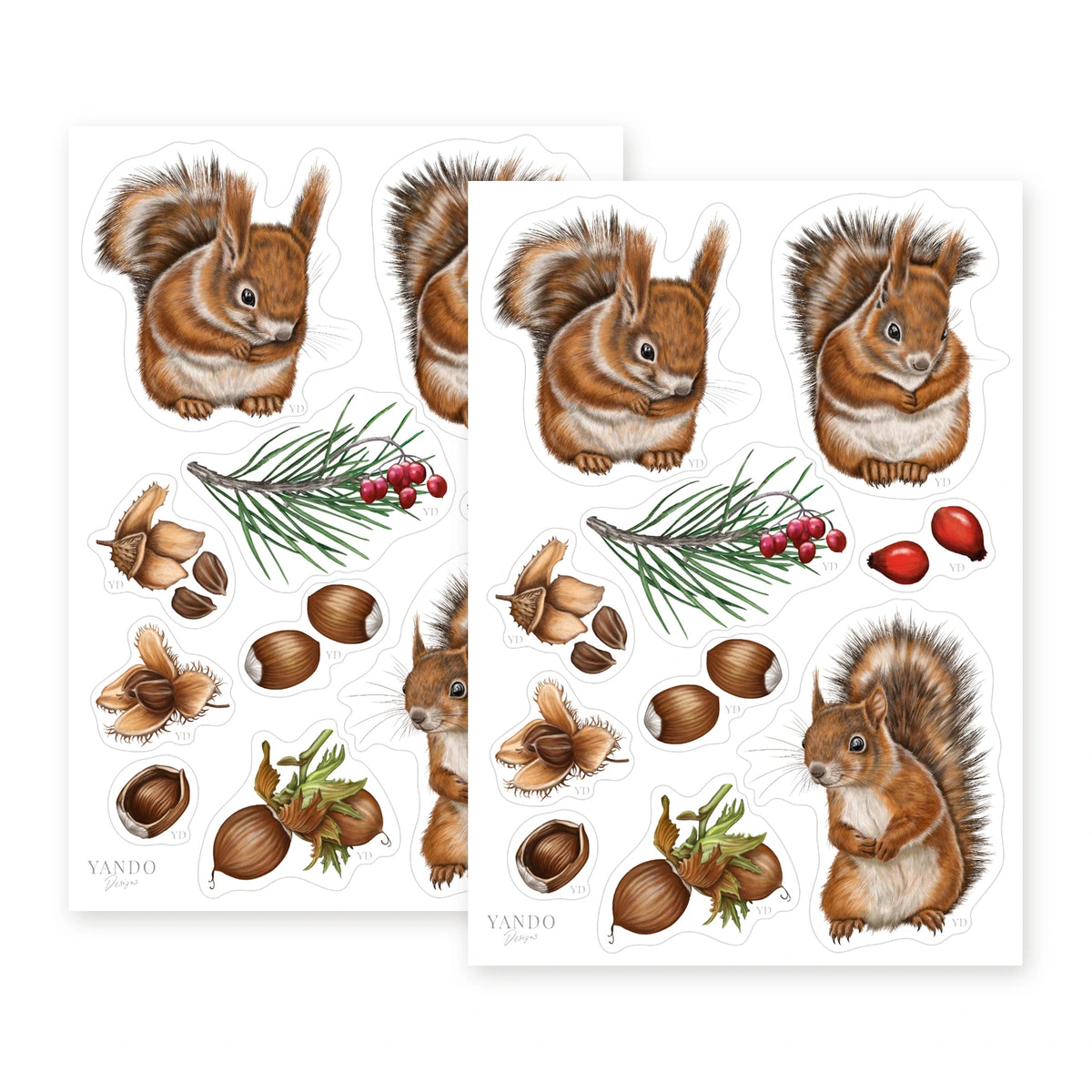 Zwei Stickerbögen Eichhörnchen im Format A5 mit je zehn Stickern, Stickerbogen-Sammlung