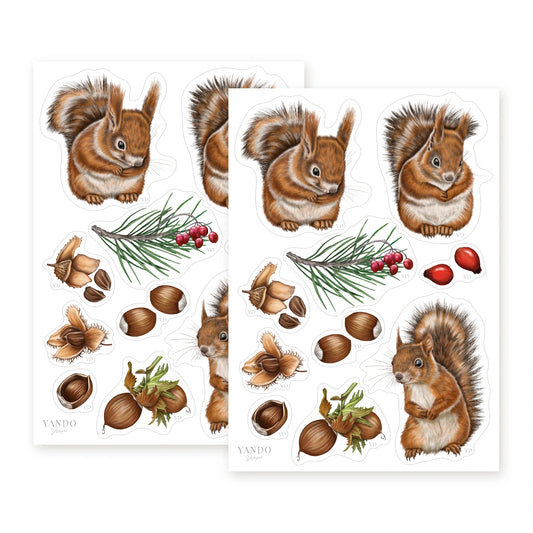 Zwei Stickerbögen Eichhörnchen im Format A5 mit je zehn Stickern, Stickerbogen-Sammlung