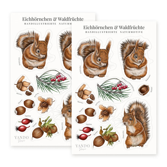 Zwei Stickerbögen Eichhörnchen im Format 18,8 × 12 cm mit je zehn Stickern, Stickerbogen-Sammlung