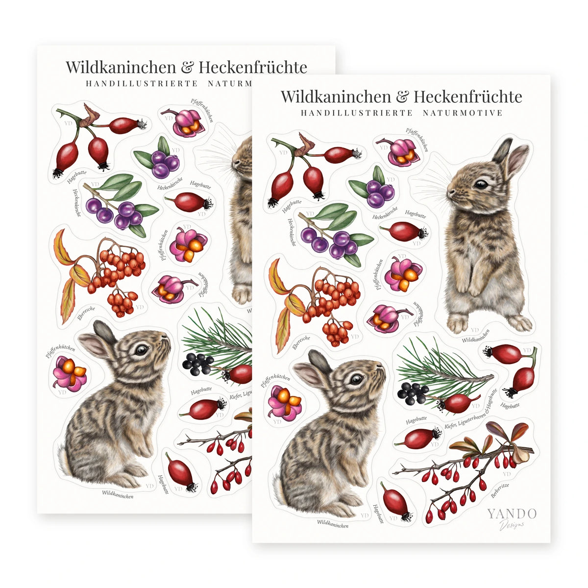 Zwei Stickerbögen Wildkaninchen im Format 18,8 × 12 cm mit je sechzehn Stickern, Stickerbogen-Sammlung