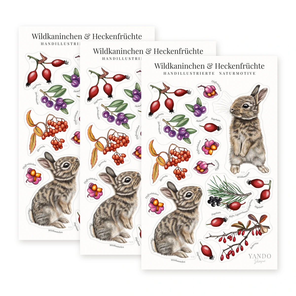 Drei Stickerbögen Wildkaninchen im Format 18,8 × 12 cm mit je sechzehn Stickern, Stickerbogen-Sammlung