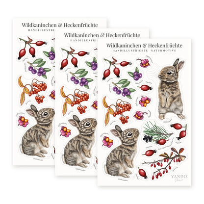 Drei Stickerbögen Wildkaninchen im Format 18,8 × 12 cm mit je sechzehn Stickern, Stickerbogen-Sammlung
