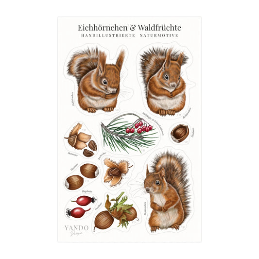 Stickerbogen Eichhörnchen im Format 18,8 × 12 cm mit zehn Kiss-Cut Stickern: Eichhörnchen, Haselnüsse, Bucheckern, Hagebutten und Waldkiefer-Zweig